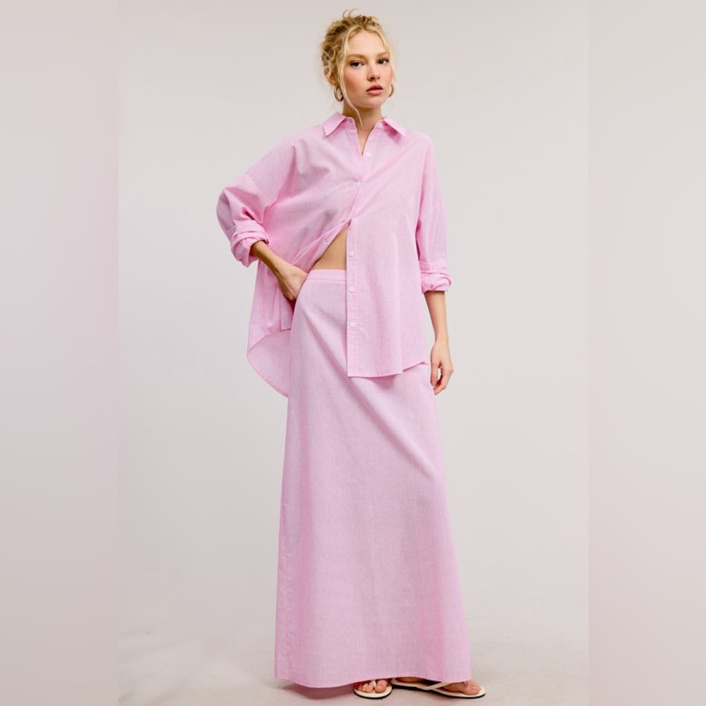 Stripe Button Down Shirt and Skirt Set in Pink Size Medium